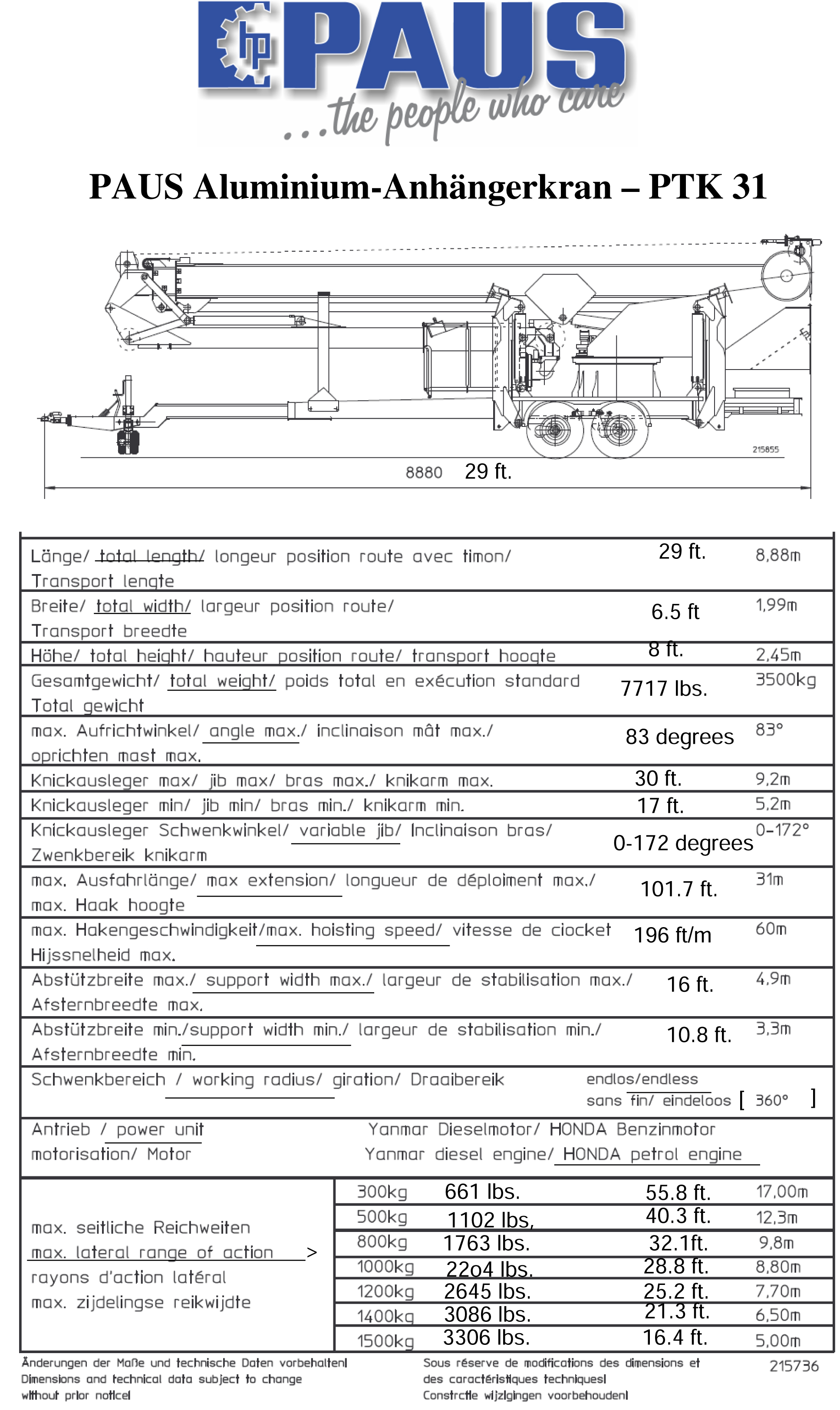 PTK 31 Crane Specifications